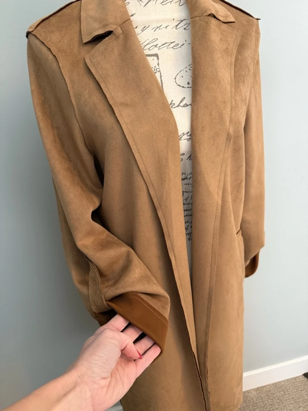 Tahari Faux Suede Trench Coat Tan Open Front Duster Jacket Minimalist Chic - Picture 3 of 7